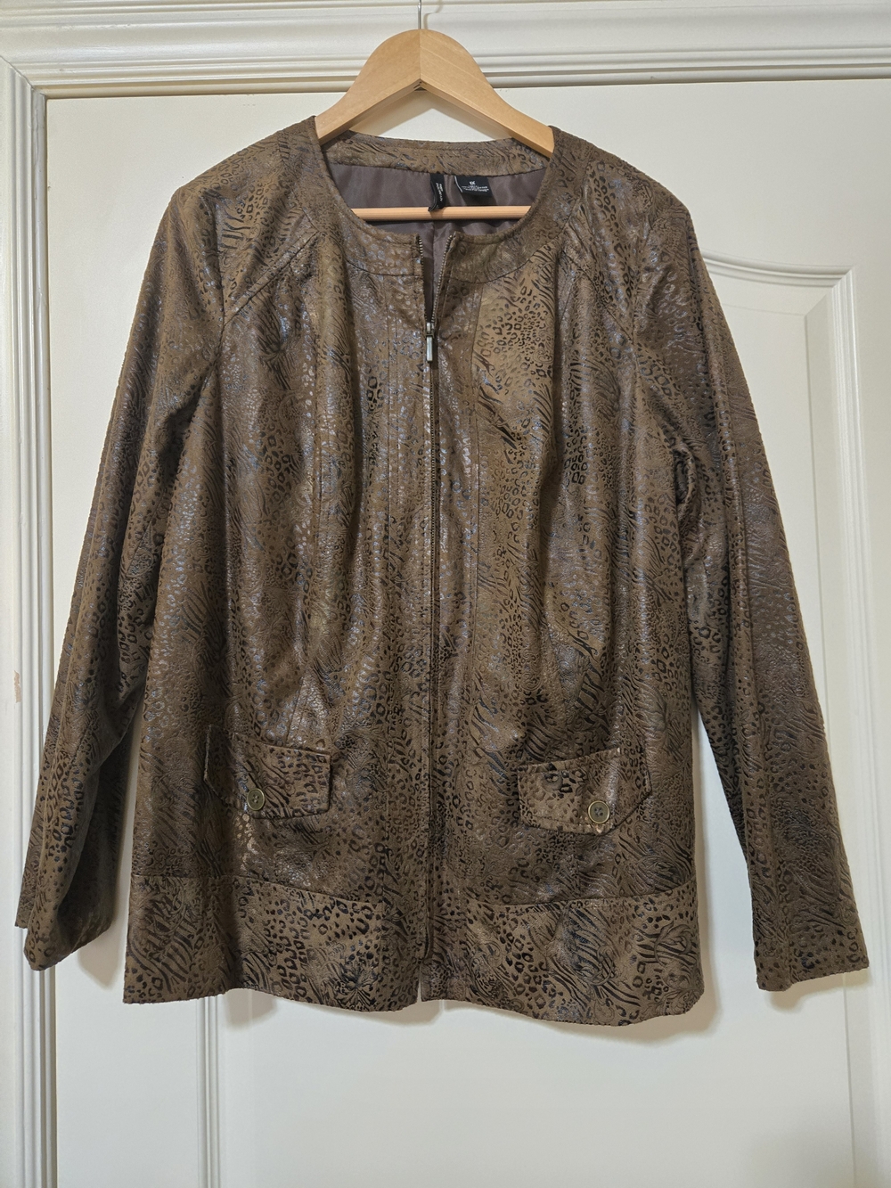 New Directions Women Brown Printed Suede Feel Zip Jacket Cozy Soft Fall